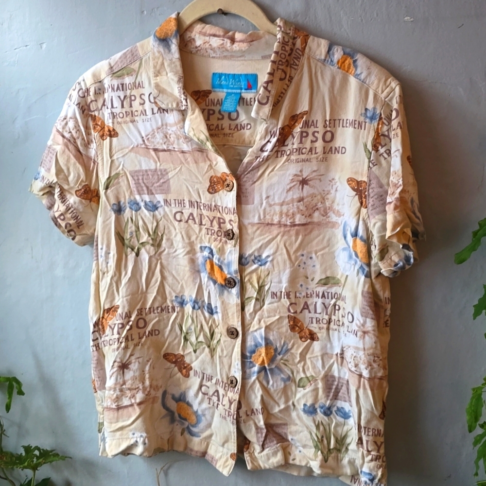 Vintage 90s Island Winds Hawaiian Butterfly Flower Calypso Shirt Top Sz M
